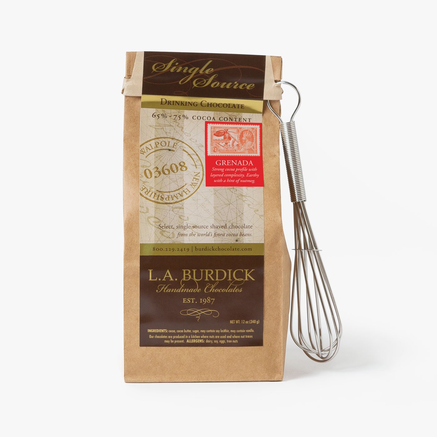 Hot chocolate mix, packaged with whisk attached